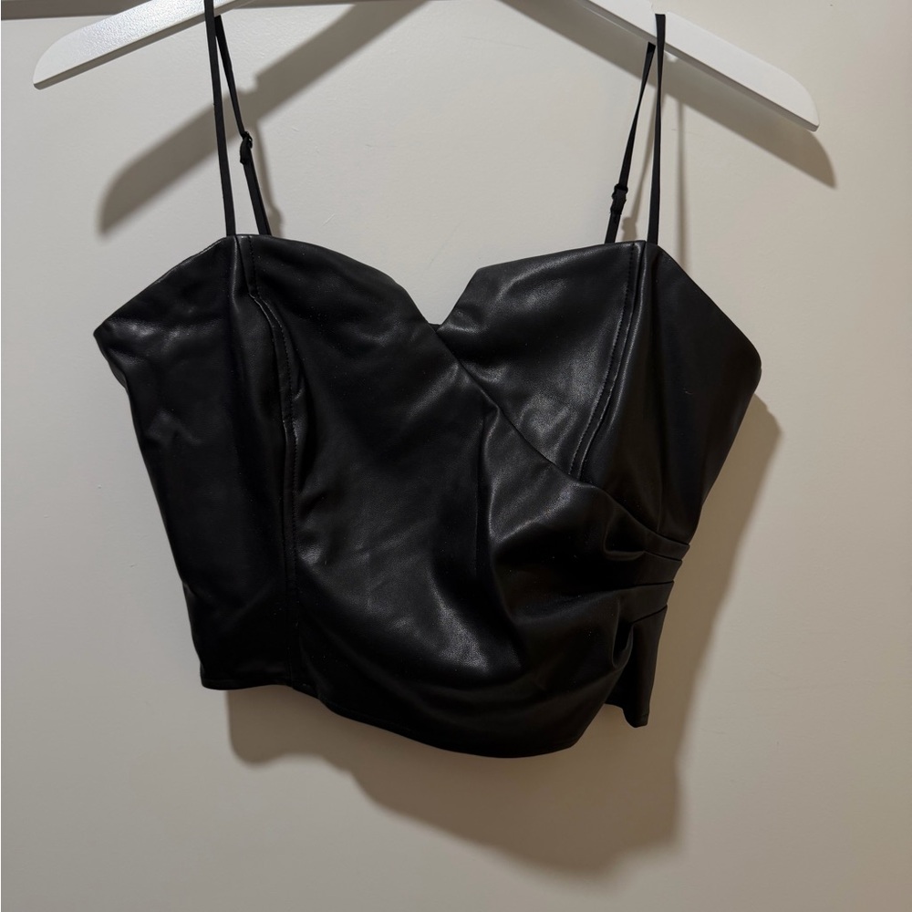 Lucy Paris Black Faux Leather Crop Cami with Spaghetti Straps